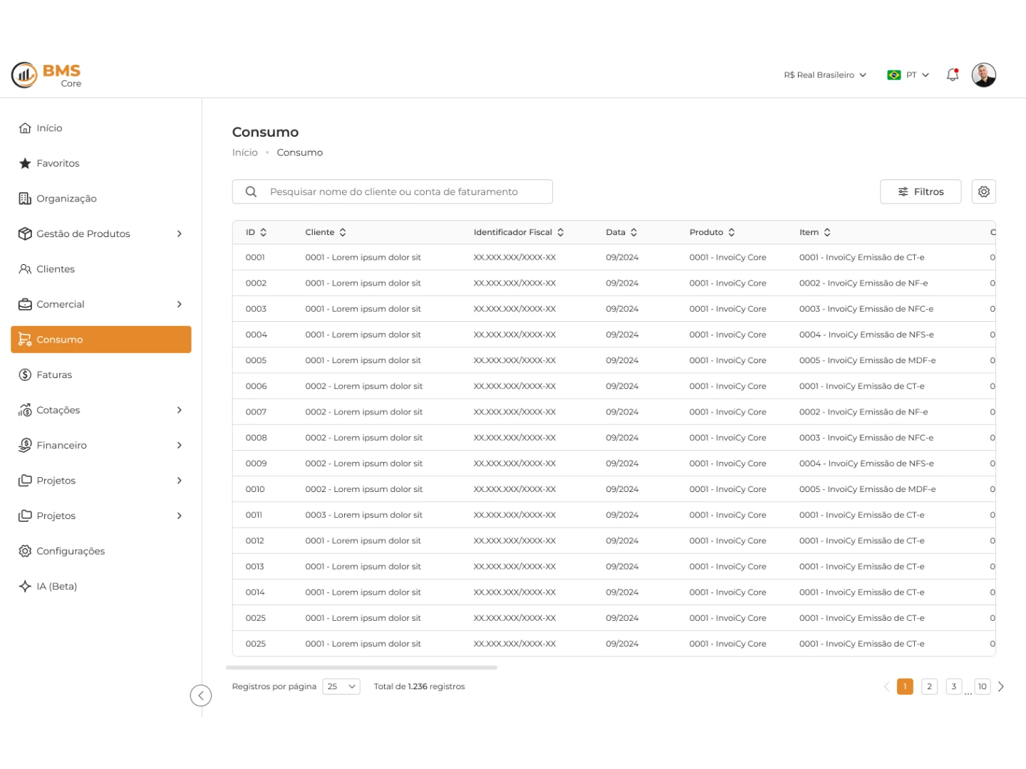 Tela de consumo do ERP BMS Core, com busca, filtros e tabela paginada de registros