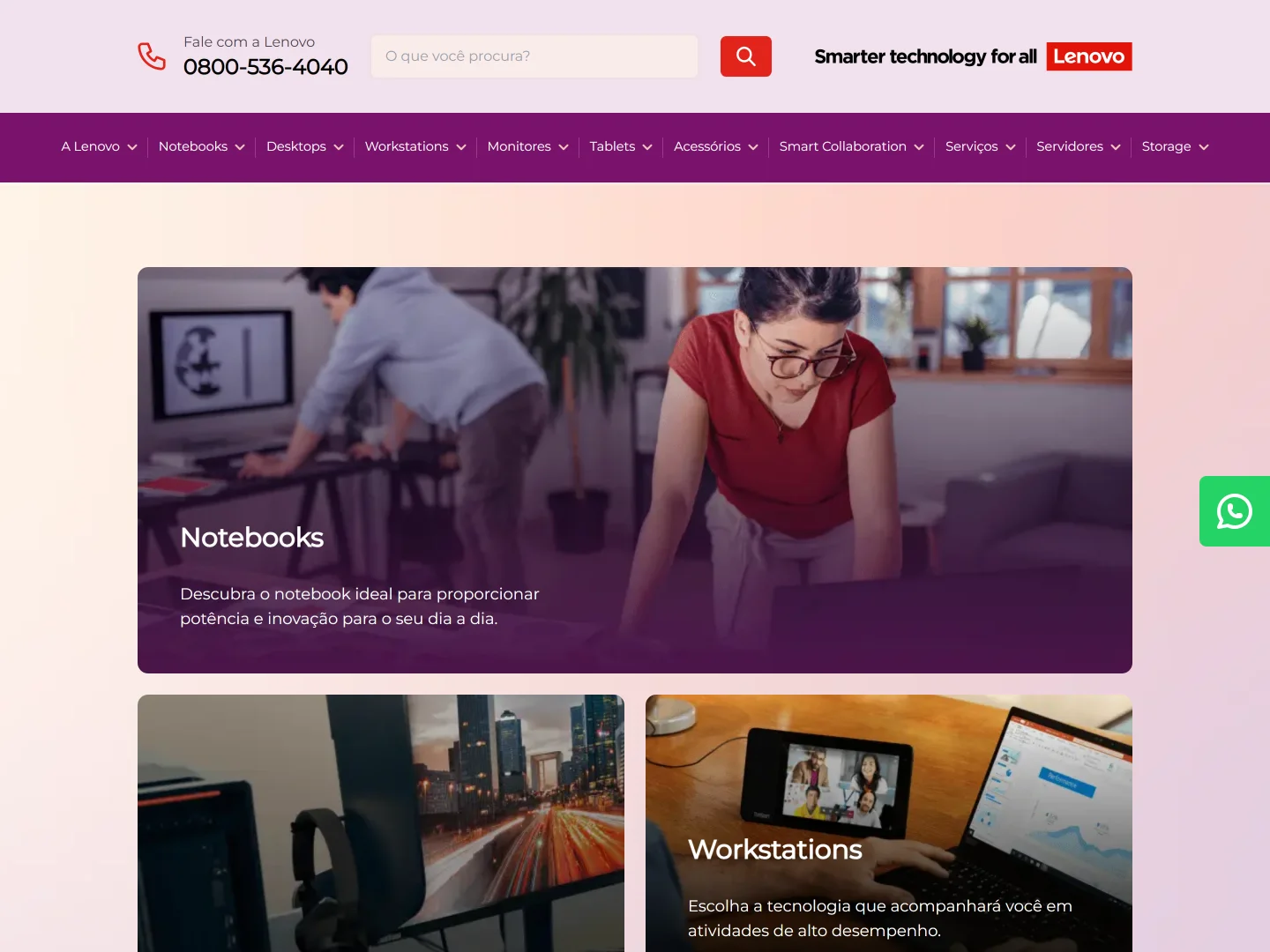 Página inicial do Catálogo Comercial Lenovo, com os cards de categoria de produto
