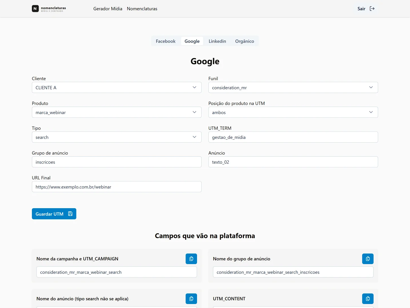 Formulário do gerador com os campos de cliente, funil, produto, tipo e URL final