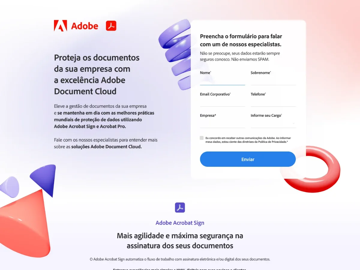Landing page do Adobe Document Cloud, com formulário no topo e blocos sobre o Acrobat Sign