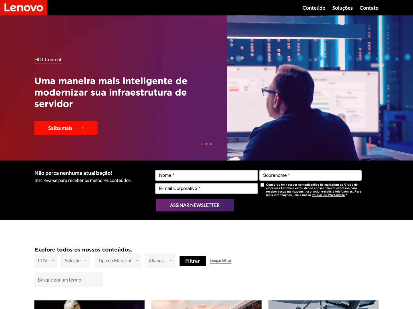 Página inicial do Lenovo Content Hub, com carrossel de destaque e formulário de newsletter