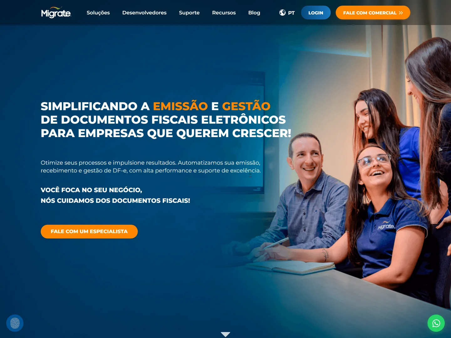 Página inicial do site da Migrate, com o banner de emissão e gestão de documentos fiscais